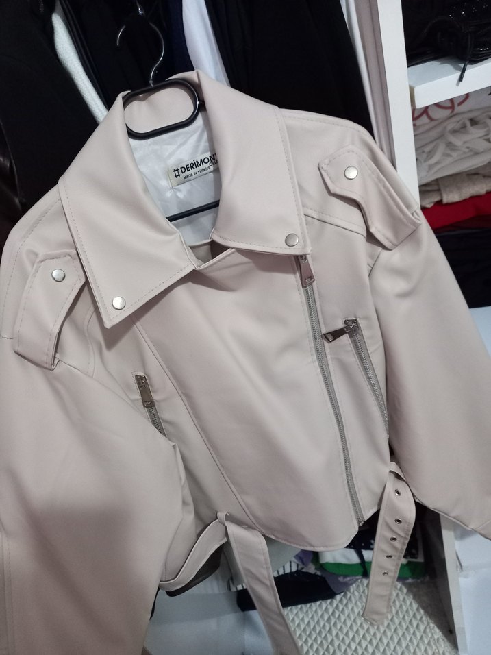 Kadın Bej Deri Kısa Ceket - Görsel 2