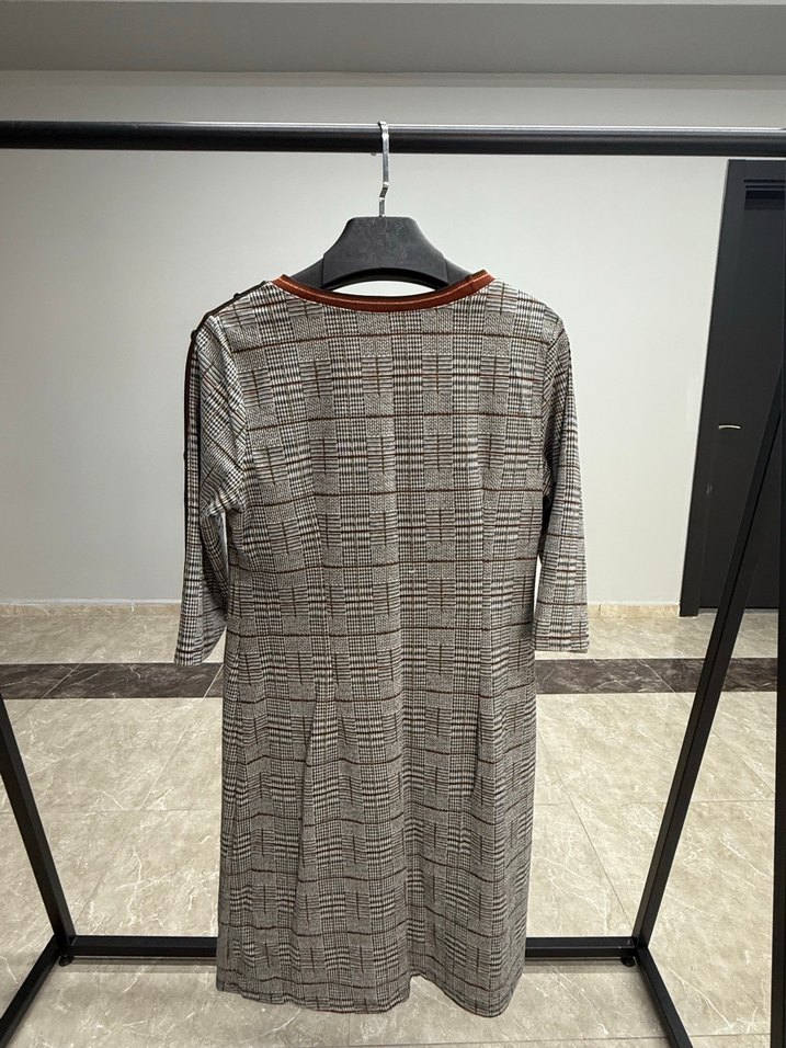 İkiler Düğmeli Kareli Midi Kadın Elbise - Görsel 5