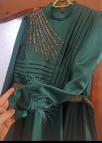 Yeşil Uzun Kollu Nakışlı Abiye Elbise