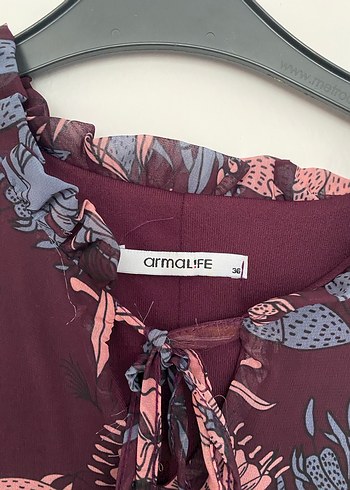 36 Beden Bordo Çiçek Desenli Uzun Kollu Midi Elbise