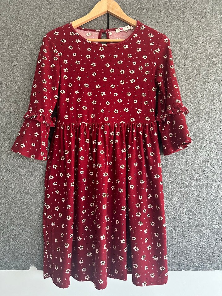 Bordo Çiçekli Uzun Kollu Elbise - Görsel 5