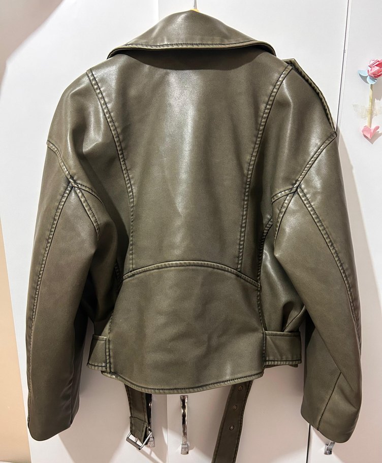 LC Waikiki Kemerli haki yeşili Deri Biker Ceket - Görsel 2