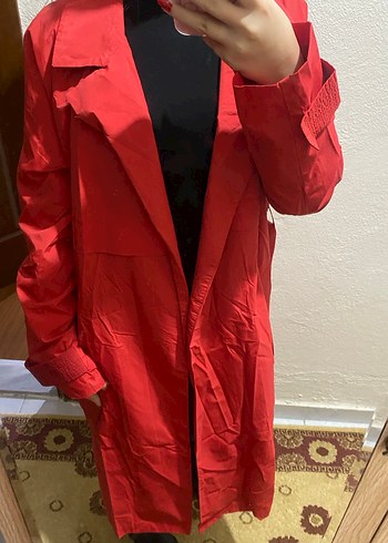 Kemerli Kırmızı Midi Kadın Trençkot - Görsel 4