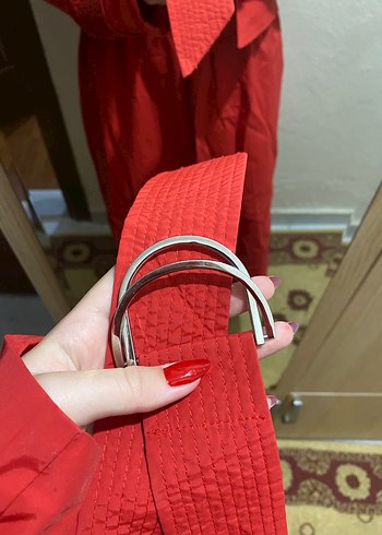 Kemerli Kırmızı Midi Kadın Trençkot - Görsel 5