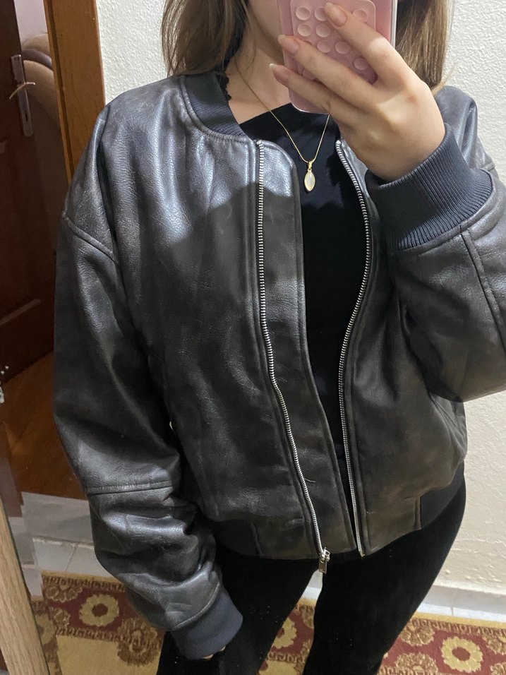 H&M Gri Deri Kadın Ceket - Görsel 2