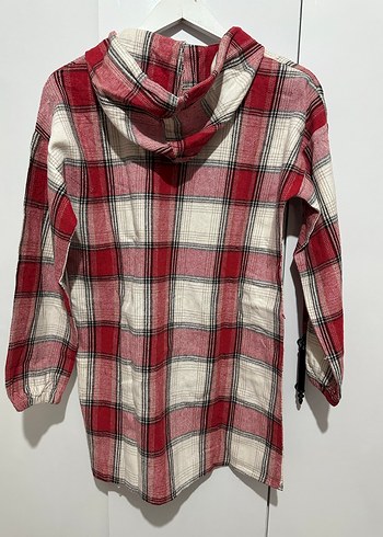 Kapüşonlu Kırmızı Gri Ekose Kadın Gömlek - Görsel 4