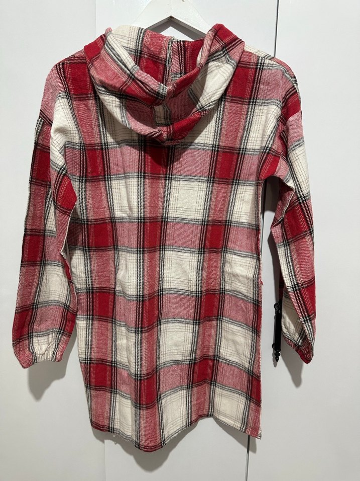 Kapüşonlu Kırmızı Gri Ekose Kadın Gömlek - Görsel 4