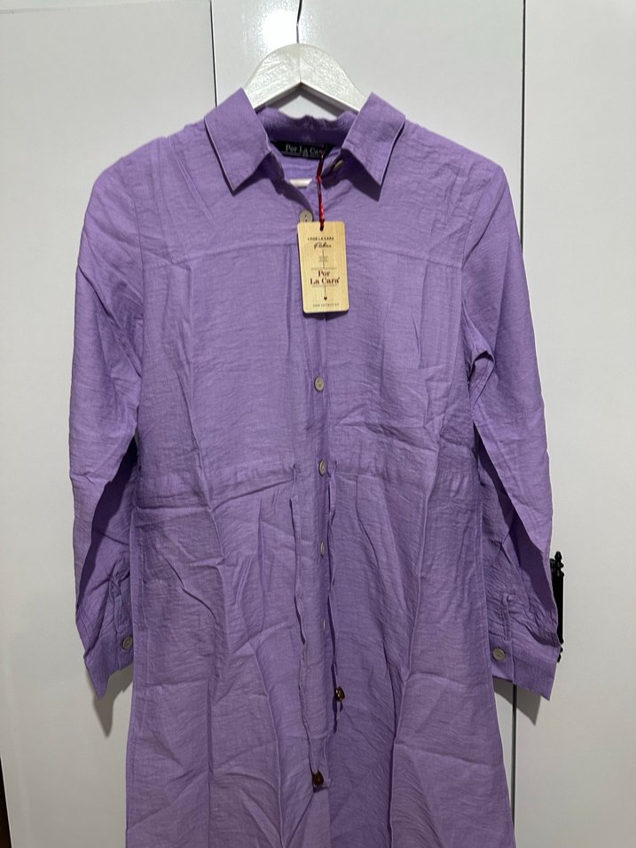 Uzun Kollu Mor Gömlek Elbise - Görsel 3