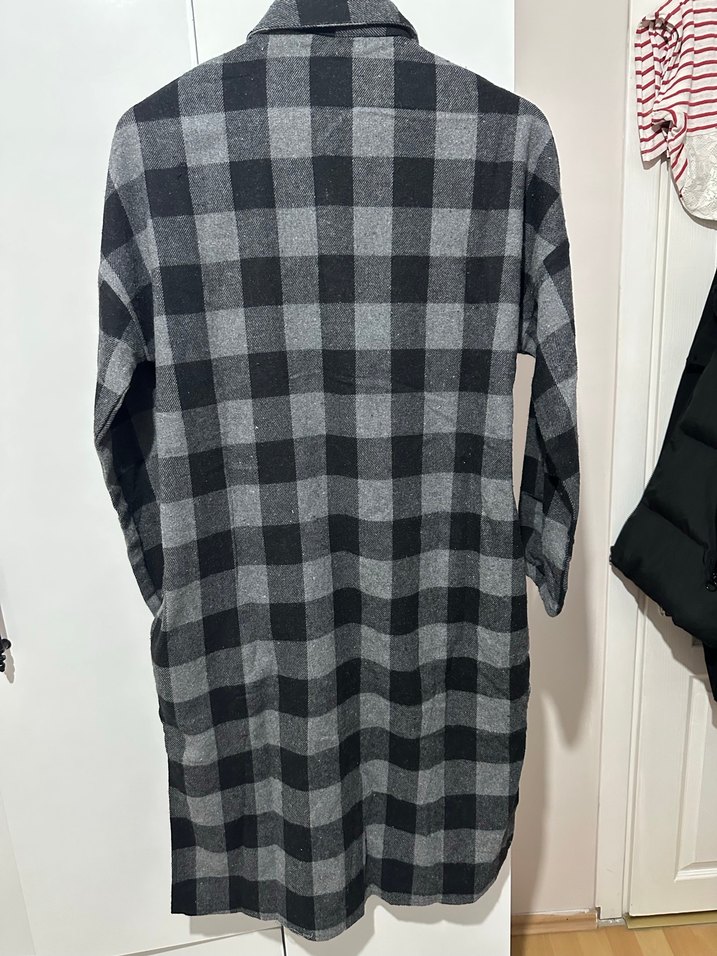 Gri Kareli Uzun Kadın Gömlek Elbise - Görsel 2