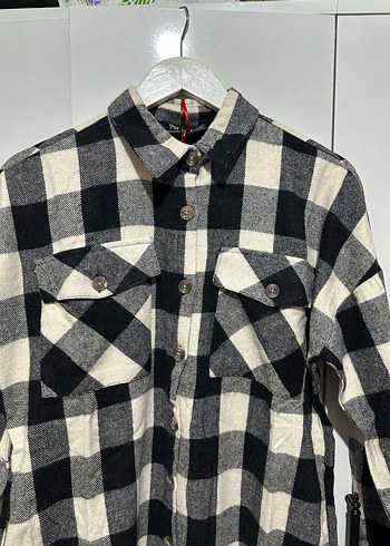 Kadın Gri Kareli Düğmeli Uzun Kollu Gömlek - Görsel 5