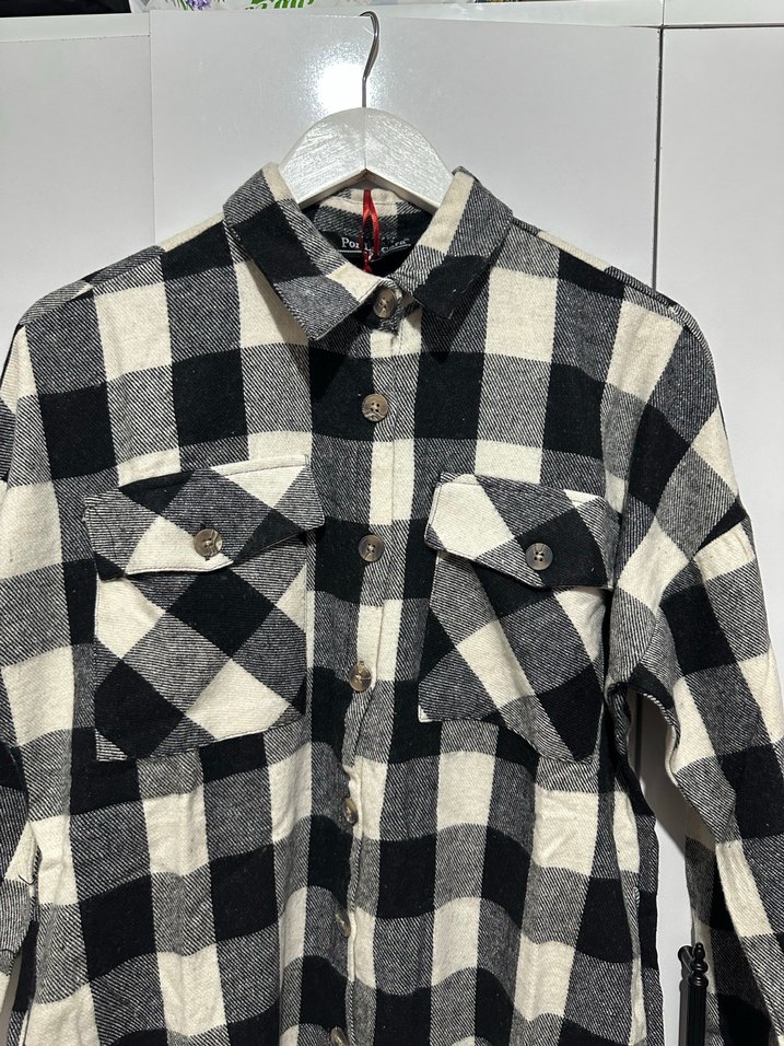 Kadın Gri Kareli Düğmeli Uzun Kollu Gömlek - Görsel 5