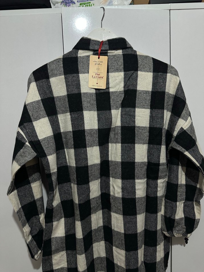 Kadın Gri Kareli Düğmeli Uzun Kollu Gömlek - Görsel 4