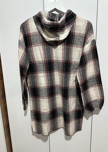 Kapüşonlu fermuarlı Gri Ekose Kadın Gömlek - Görsel 4