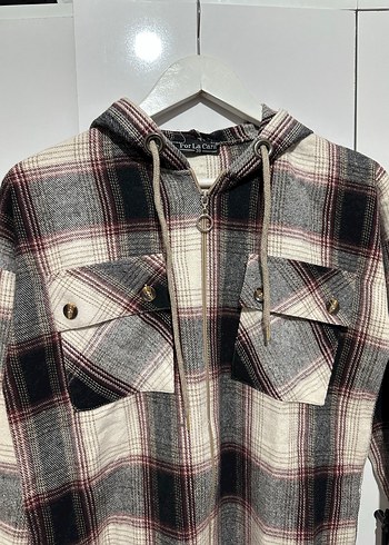 Kapüşonlu fermuarlı Gri Ekose Kadın Gömlek - Görsel 3