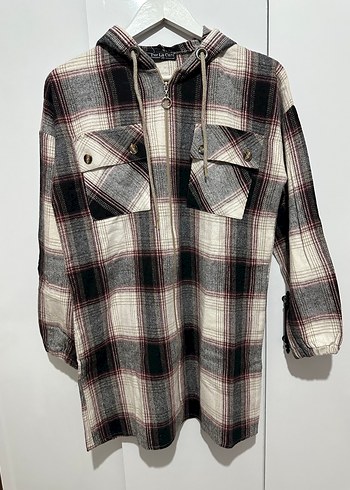Kapüşonlu fermuarlı Gri Ekose Kadın Gömlek - Görsel 2