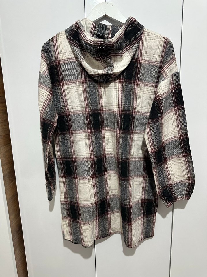 Kapüşonlu fermuarlı Gri Ekose Kadın Gömlek - Görsel 4