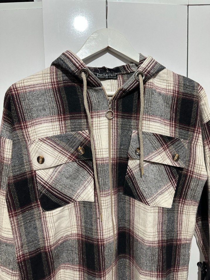 Kapüşonlu fermuarlı Gri Ekose Kadın Gömlek - Görsel 3