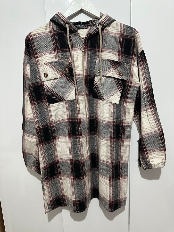 Kapüşonlu fermuarlı Gri Ekose Kadın Gömlek - Görsel 2