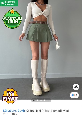Kadın Haki Piliseli Kemerli Mini Etek