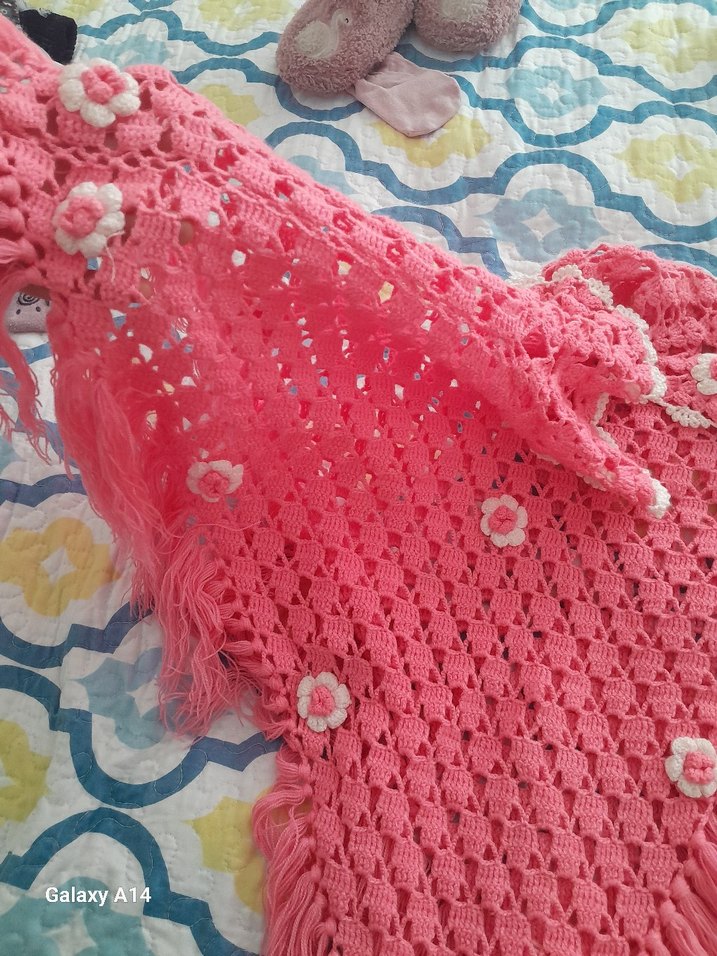 Nakışlı Püsküllü Pembe Kız Çocuk Panço - Görsel 2