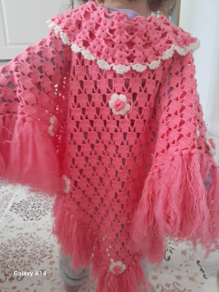 Nakışlı Püsküllü Pembe Kız Çocuk Panço - Görsel 5