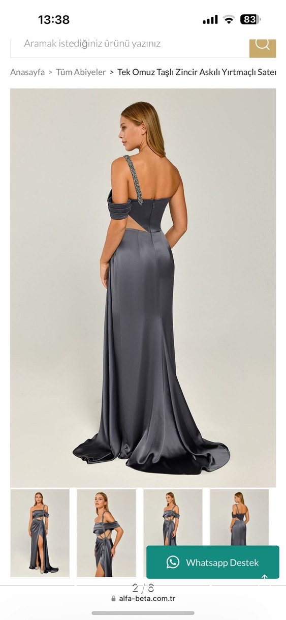 Gri İşlemeli Drapeli Uzun Abiye Elbise - Görsel 2