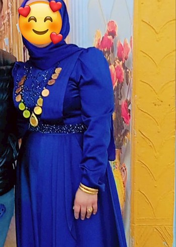 Boncuk İşlemeli Uzun Mavi Abiye Elbise