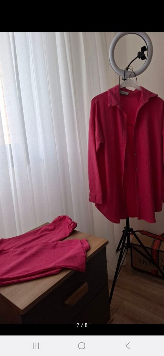 Kadın Kahverengi Pilili Uzun Keten Takım - Görsel 5