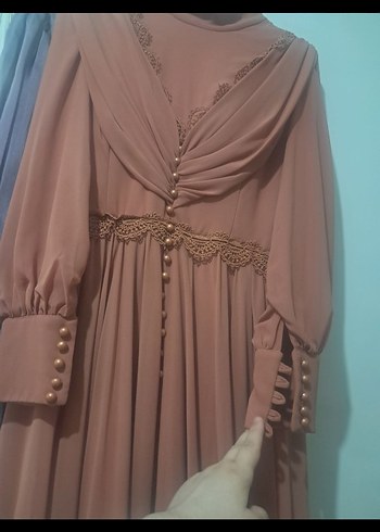 Bej Düğmeli Uzun Kollu Abiye Elbise - Görsel 7