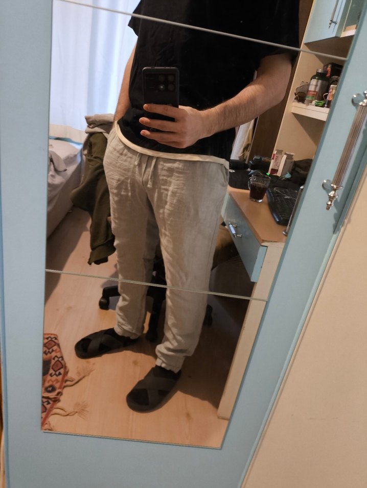 %100 Keten Gri Rahat Pantolon - Görsel 2