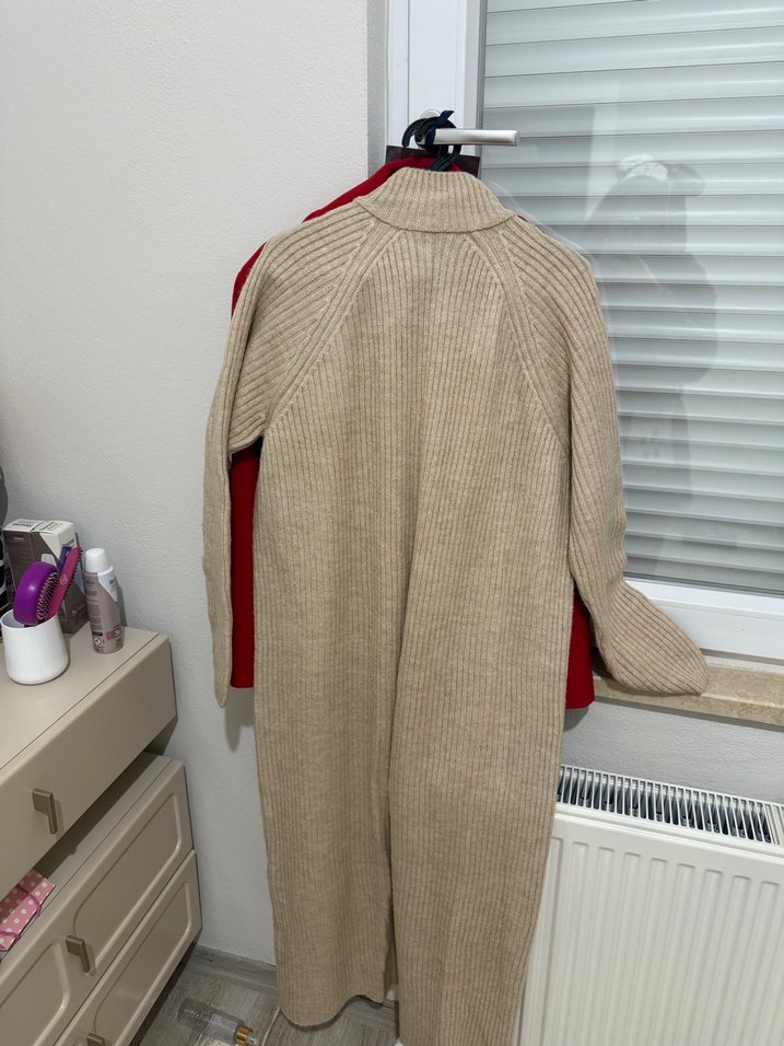 Bej Yarım Fermuarlı Uzun Triko Elbise - Görsel 2