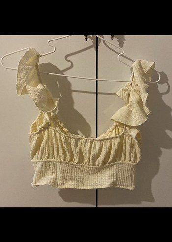 Beyaz Fırfırlı Keten Mini Crop Top - Görsel 2