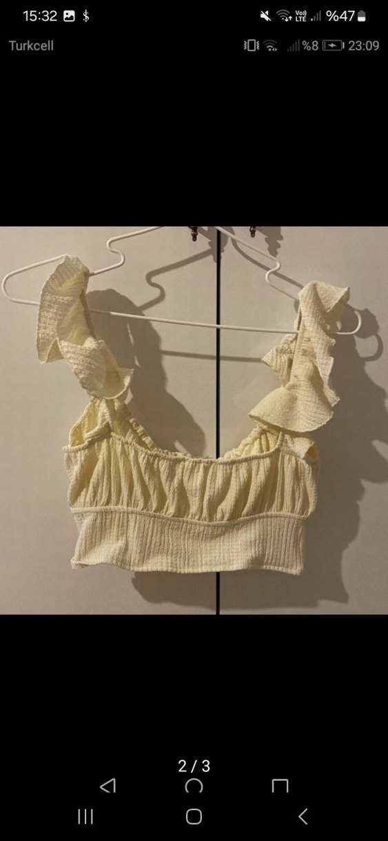 Beyaz Fırfırlı Keten Mini Crop Top - Görsel 2