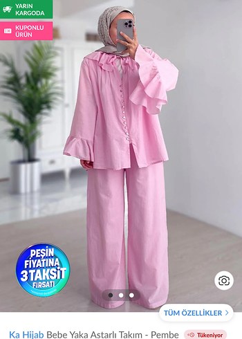Pembe Keten Kız Bluzu, Fırfırlı, V Yakalı pantolon takım - Görsel 3