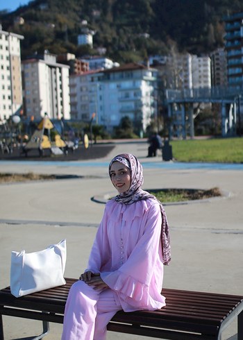 Pembe Keten Kız Bluzu, Fırfırlı, V Yakalı pantolon takım - Görsel 4