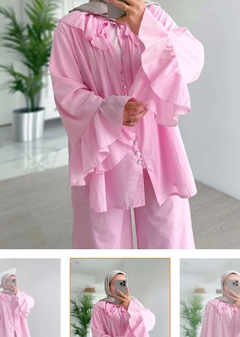 Pembe Keten Kız Bluzu, Fırfırlı, V Yakalı pantolon takım - Görsel 2