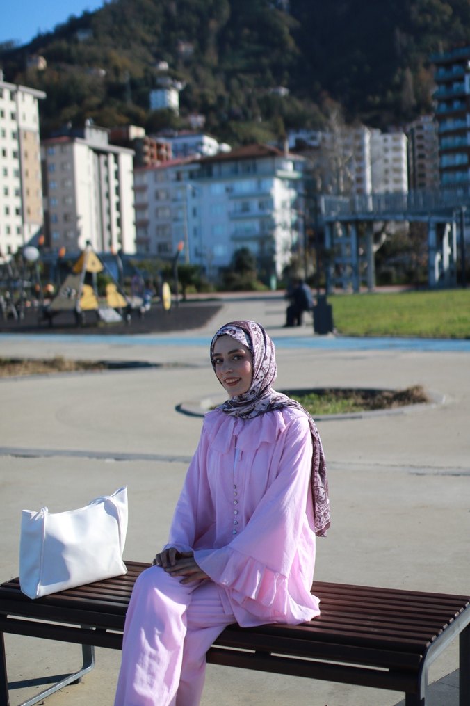 Pembe Keten Kız Bluzu, Fırfırlı, V Yakalı pantolon takım - Görsel 4