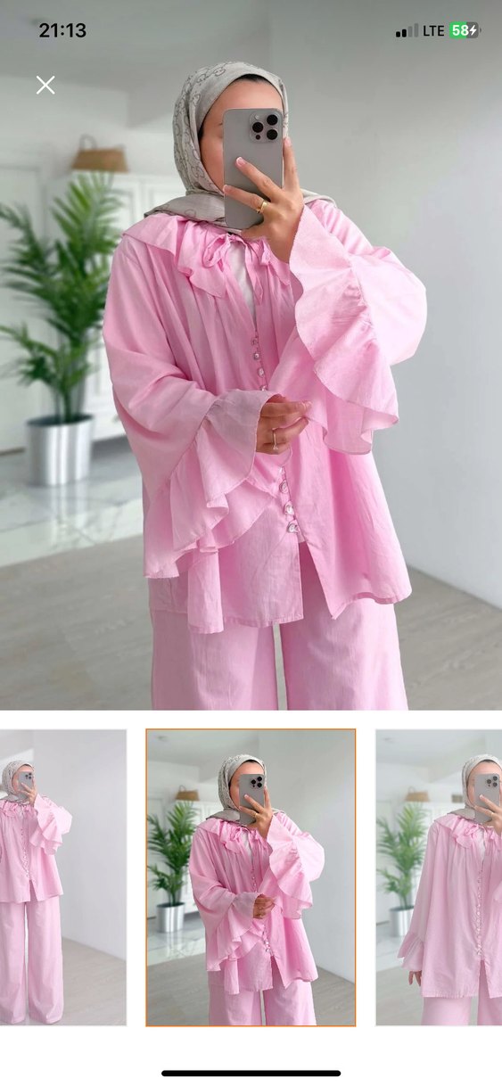 Pembe Keten Kız Bluzu, Fırfırlı, V Yakalı pantolon takım - Görsel 2