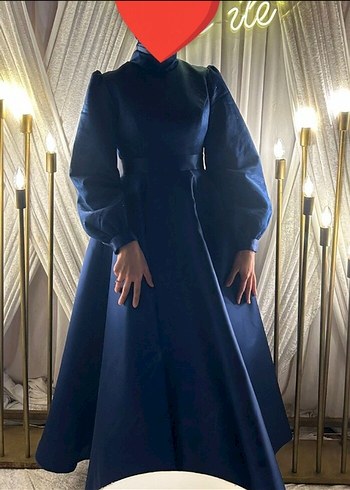 Etnik Desenli Lacivert Uzun Tesettür Nişan Elbisesi - Görsel 3