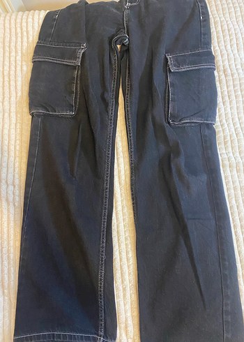 Bershka Siyah Beyaz Dikiş Detaylı Denim Kadın Kargo Jean - Görsel 12