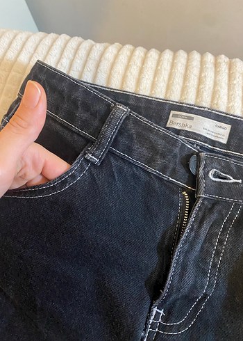 Bershka Siyah Beyaz Dikiş Detaylı Denim Kadın Kargo Jean - Görsel 9