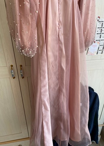 KİRALIK Manuka Organze Taşlı Tesettür Abiye Elbise Pudra - Görsel 6
