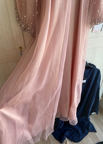 KİRALIK Manuka Organze Taşlı Tesettür Abiye Elbise Pudra - Görsel 5