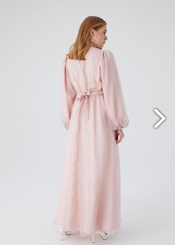 KİRALIK Manuka Organze Taşlı Tesettür Abiye Elbise Pudra - Görsel 12