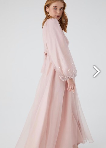 KİRALIK Manuka Organze Taşlı Tesettür Abiye Elbise Pudra - Görsel 11