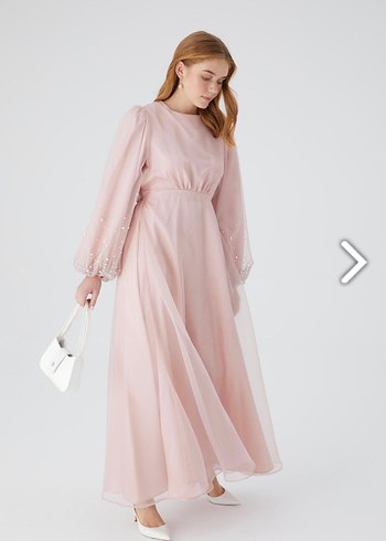 KİRALIK Manuka Organze Taşlı Tesettür Abiye Elbise Pudra - Görsel 10