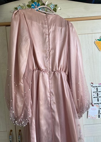 KİRALIK Manuka Organze Taşlı Tesettür Abiye Elbise Pudra - Görsel 7