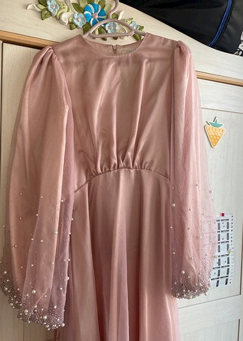 KİRALIK Manuka Organze Taşlı Tesettür Abiye Elbise Pudra - Görsel 2