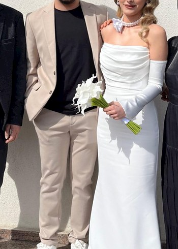 36 beden Straplez Beyaz Uzun nikah elbisesi