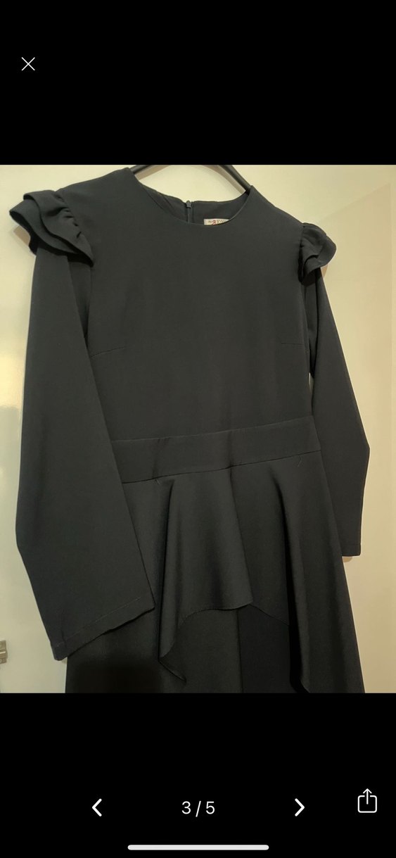 Uzun Kollu Siyah Fırfırlı Midi Elbise - Görsel 2